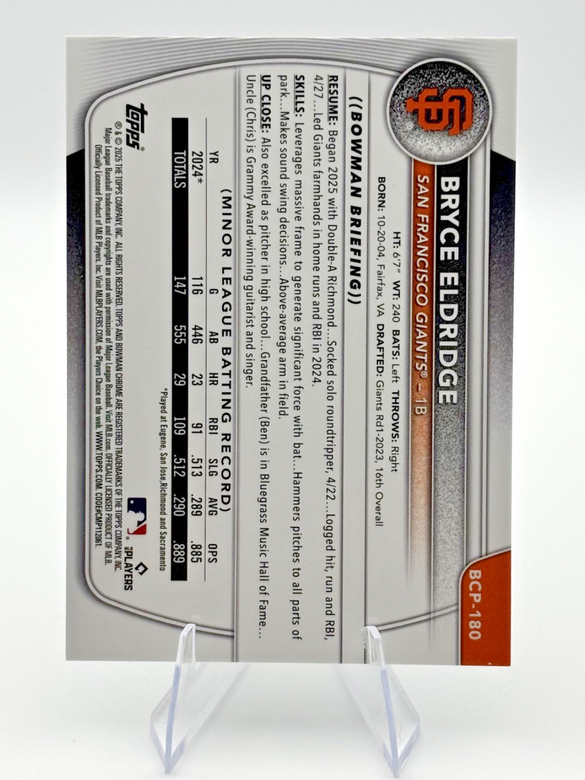 BRYCE ELDRIDGE 2025 Bowman Chrome #BCP-180 Aqua Refractor /125 Giants