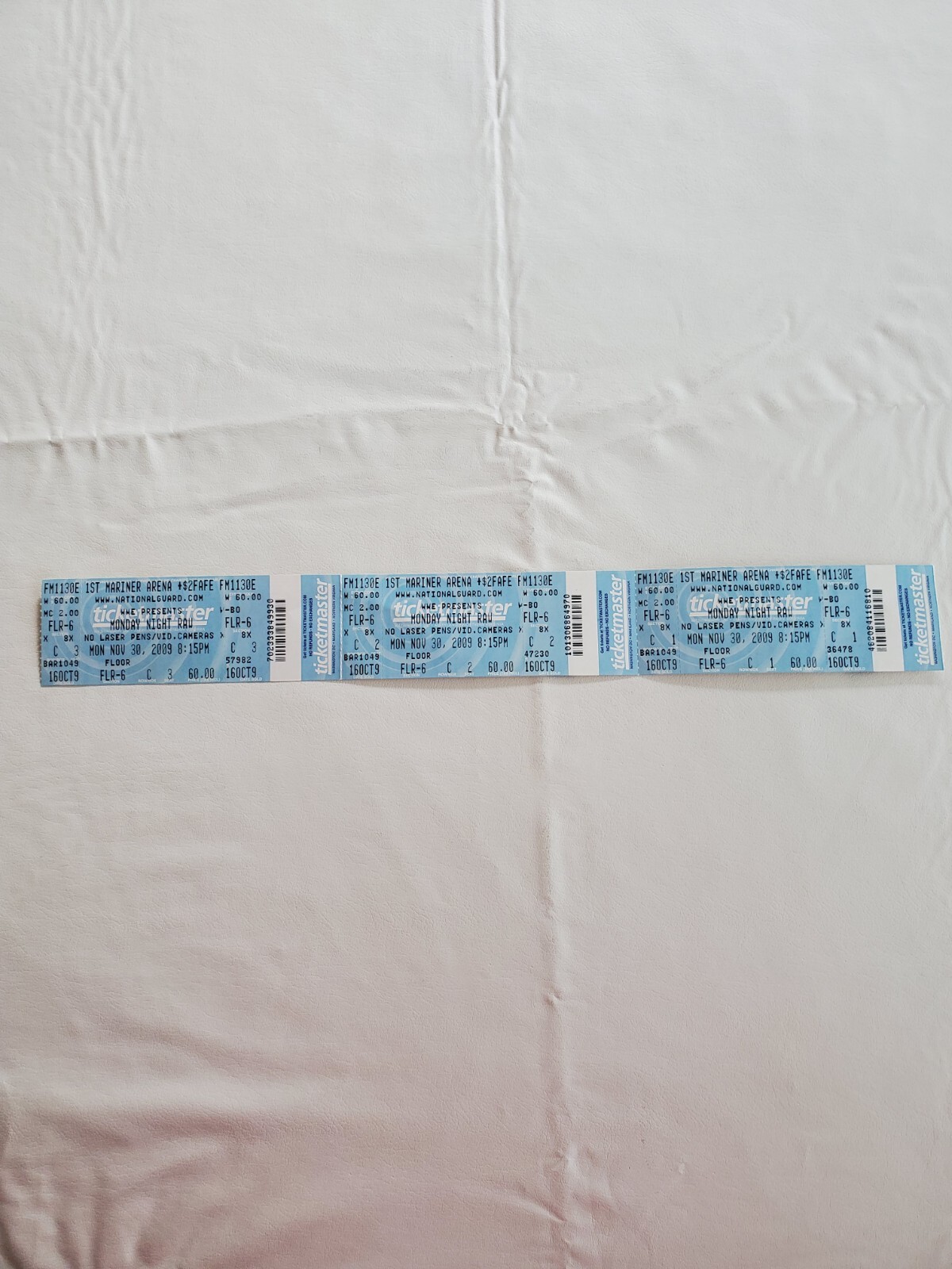 WWE Monday Night Raw Ticket Stubs 11/30/09 1st Mariner Arena Set Of 3