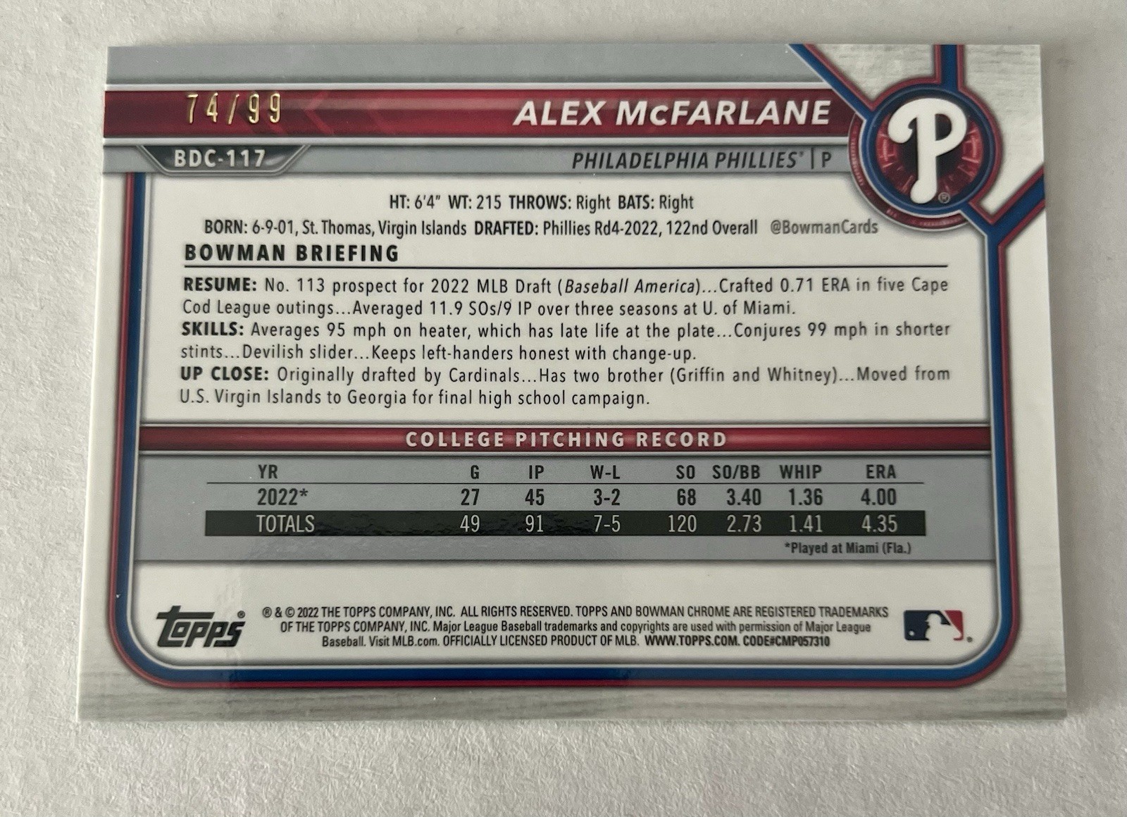 2022 Bowman Chrome 1st Alex McFarlane Green Refractor /99 Phillies RC
