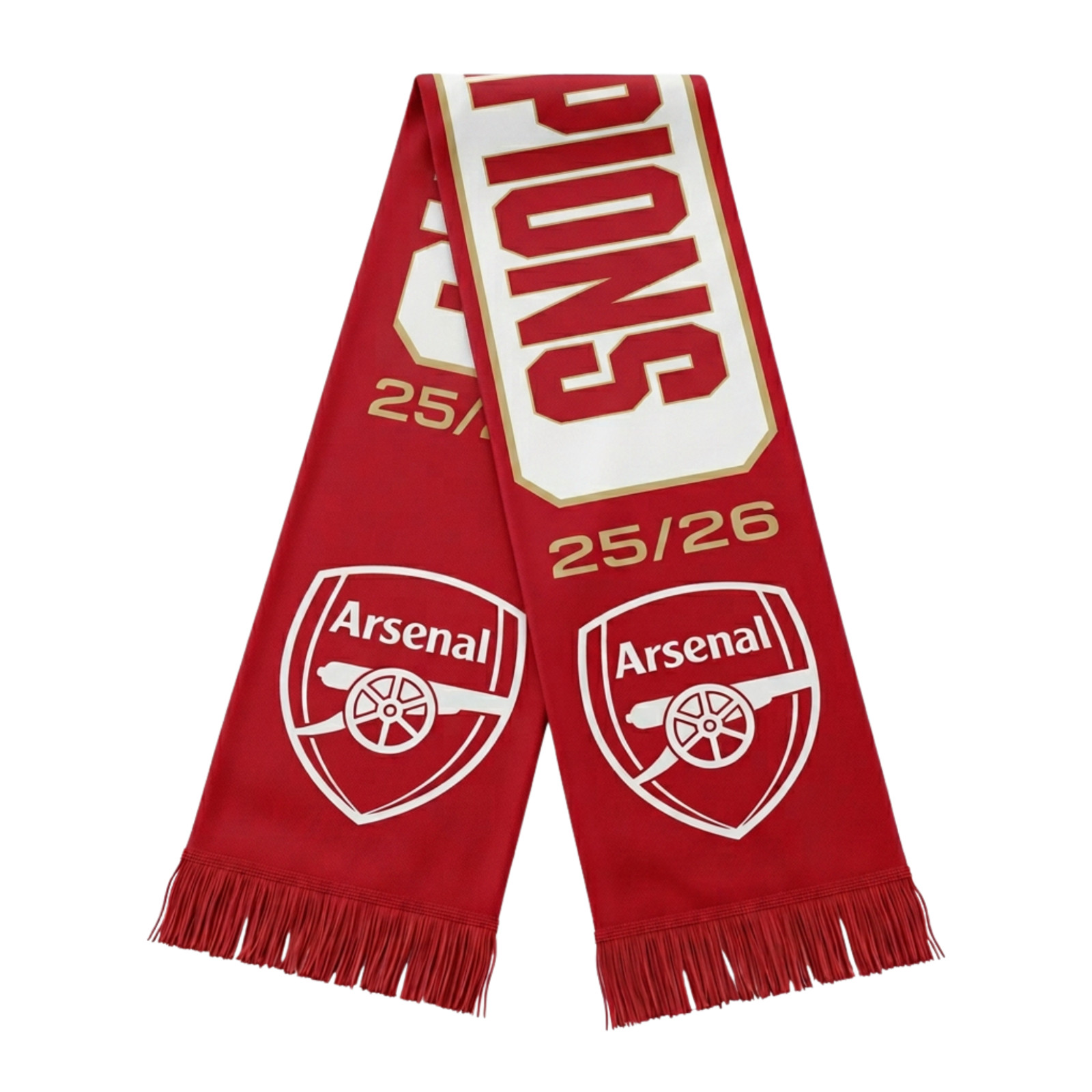 Official Arsenal FC EPL Champions 2025/26 Soccer Scarf Red White Gold Knit Fring