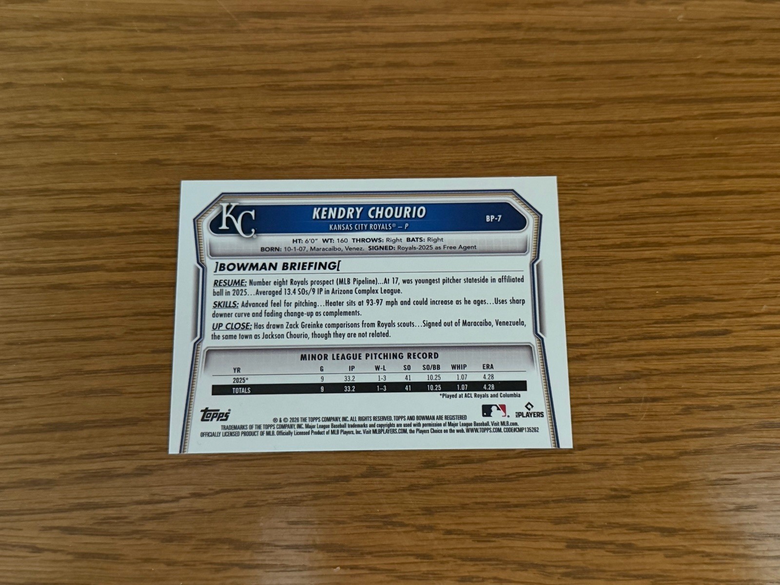 2026 Bowman Kendry Chourio 1st Bowman /75 Yellow Pattern BP-7