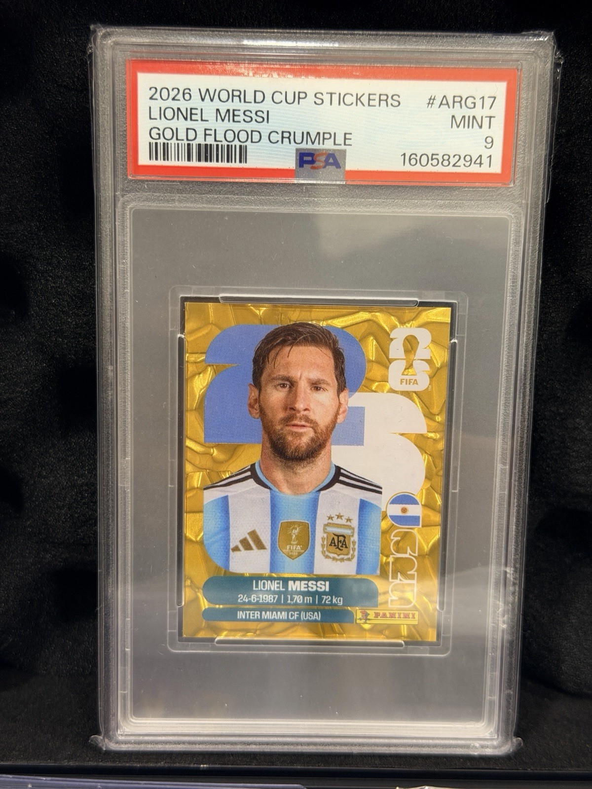 Lionel Messi 2026 World Cup Stickers #ARG17 Gold Flood Crumple PSA 9 Mint
