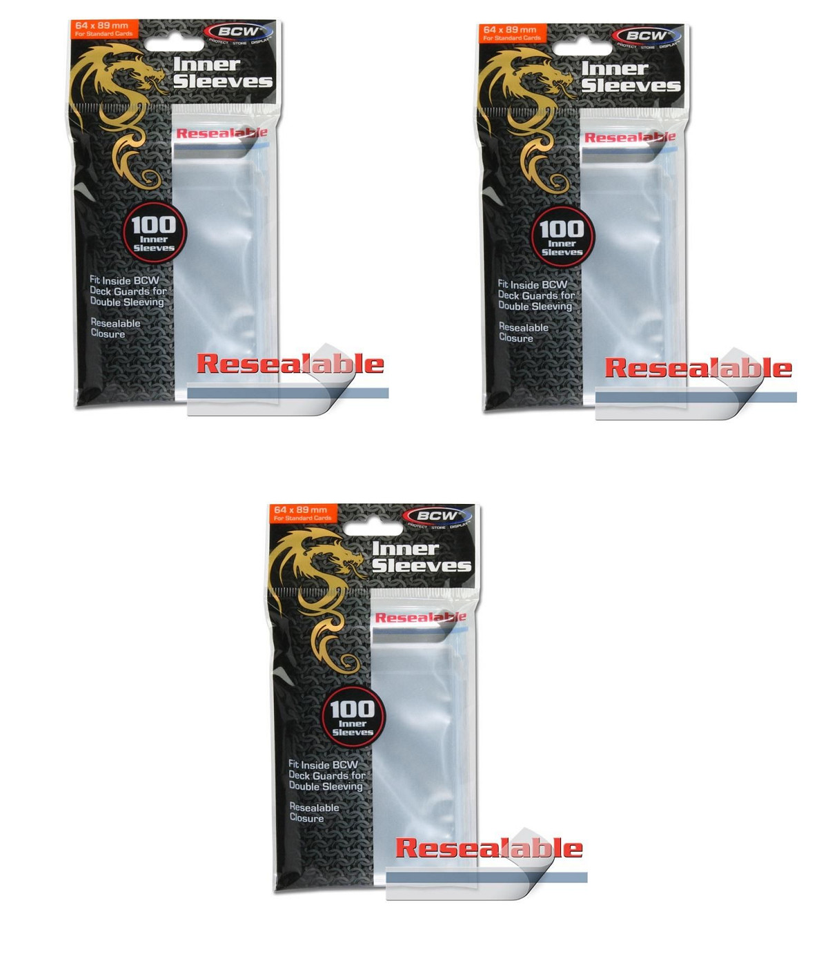 (300-ct) BCW Standard RESEALABLE Inner Card Sleeves 64x89mm Use as Double Sleeve