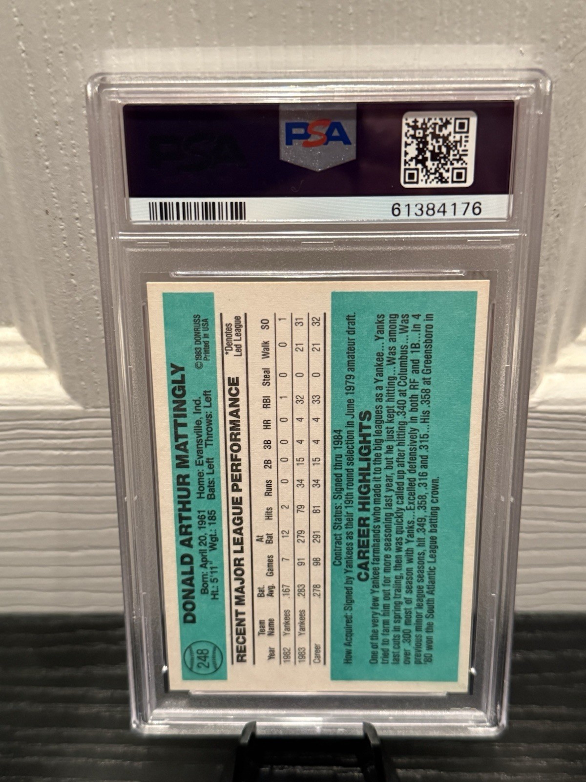 1984 Donruss – Don Mattingly #248 (RC) PSA 8 New York Yankees Rookie Card