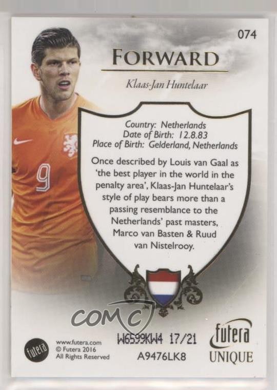 2016 Futera Unique Silver 17/21 Klaas-Jan Huntelaar #074 0s3