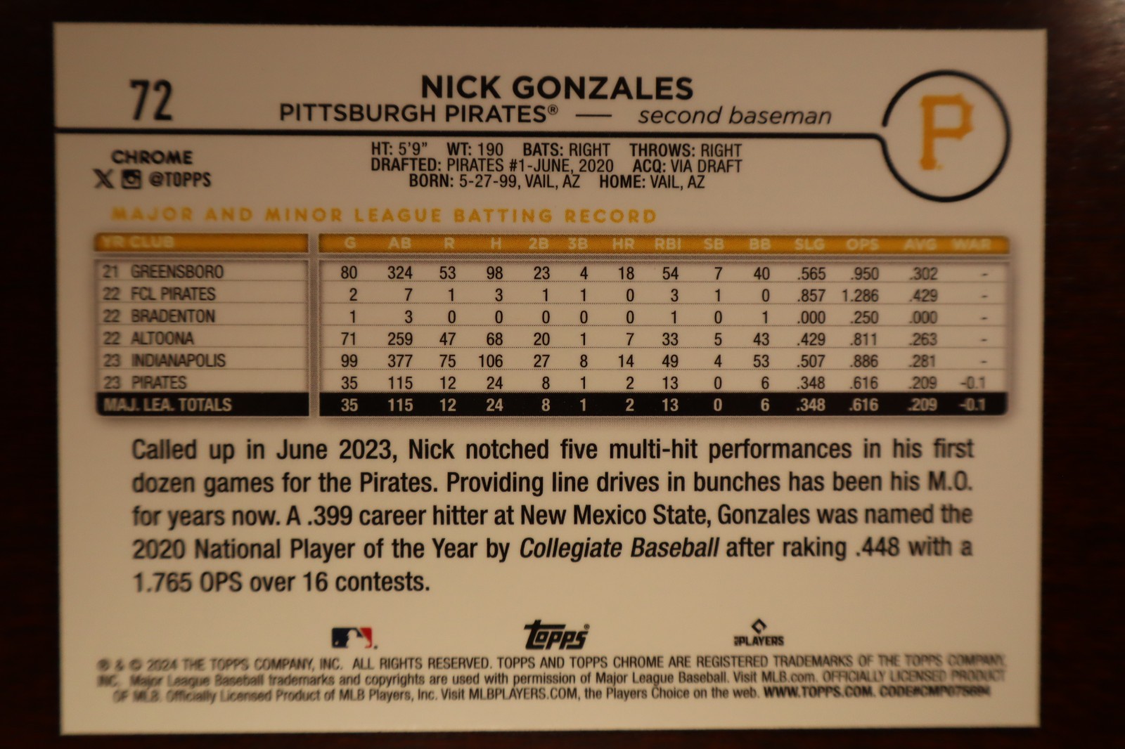 2024 Topps Chrome True Orange Refractor #72 Nick Gonzales /25 Rookie RC Pirates