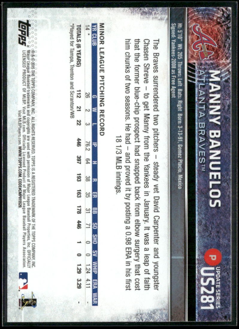 2015 Topps Update Rainbow Foil #US281 Manny Banuelos RC
