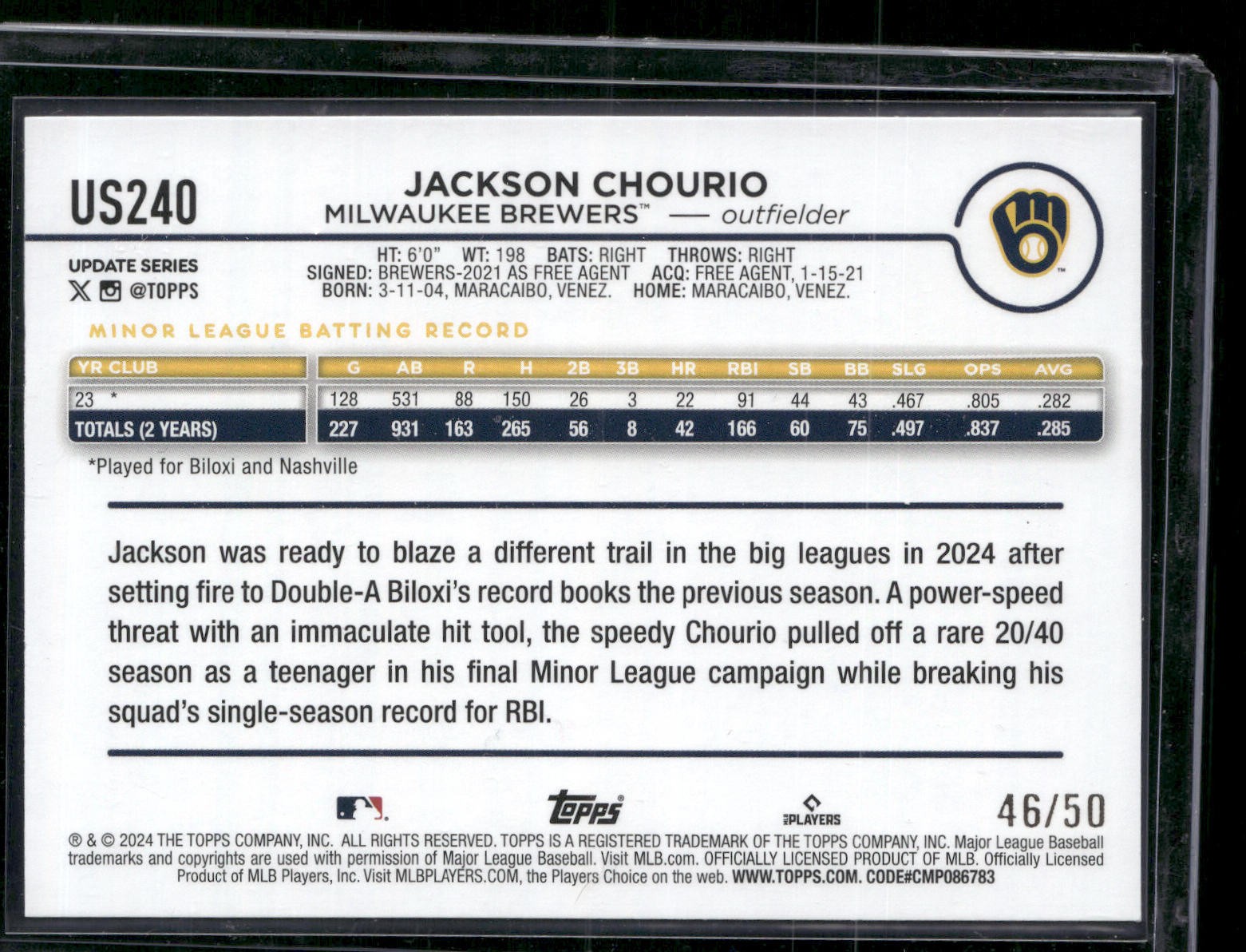 2024 Topps Update #US240 Jackson Chourio Holiday Mummies #/50