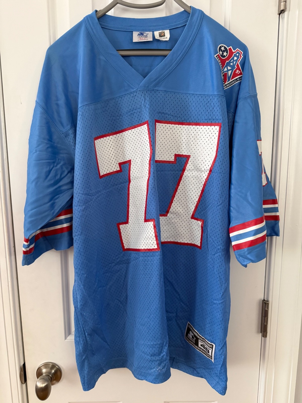 Vintage Tennessee Oilers Jersey Men’s 48 Large Blue Starter NFL 77 Donnalley