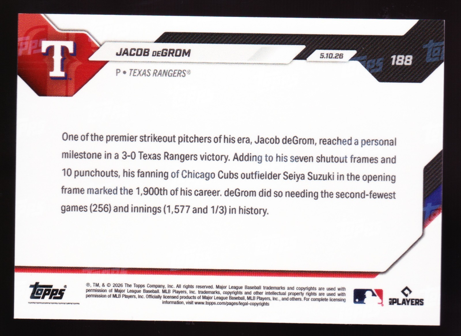 Jacob DeGrom Rangers 1900th K vs Cubs Seiya Suzuki 2026 Topps Now #188 Base