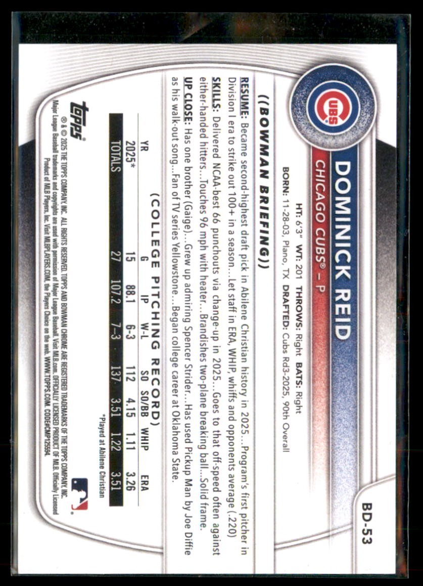 2025 Bowman Draft Paper 1st Dominick Reid Cubs BD-53 5 card lot