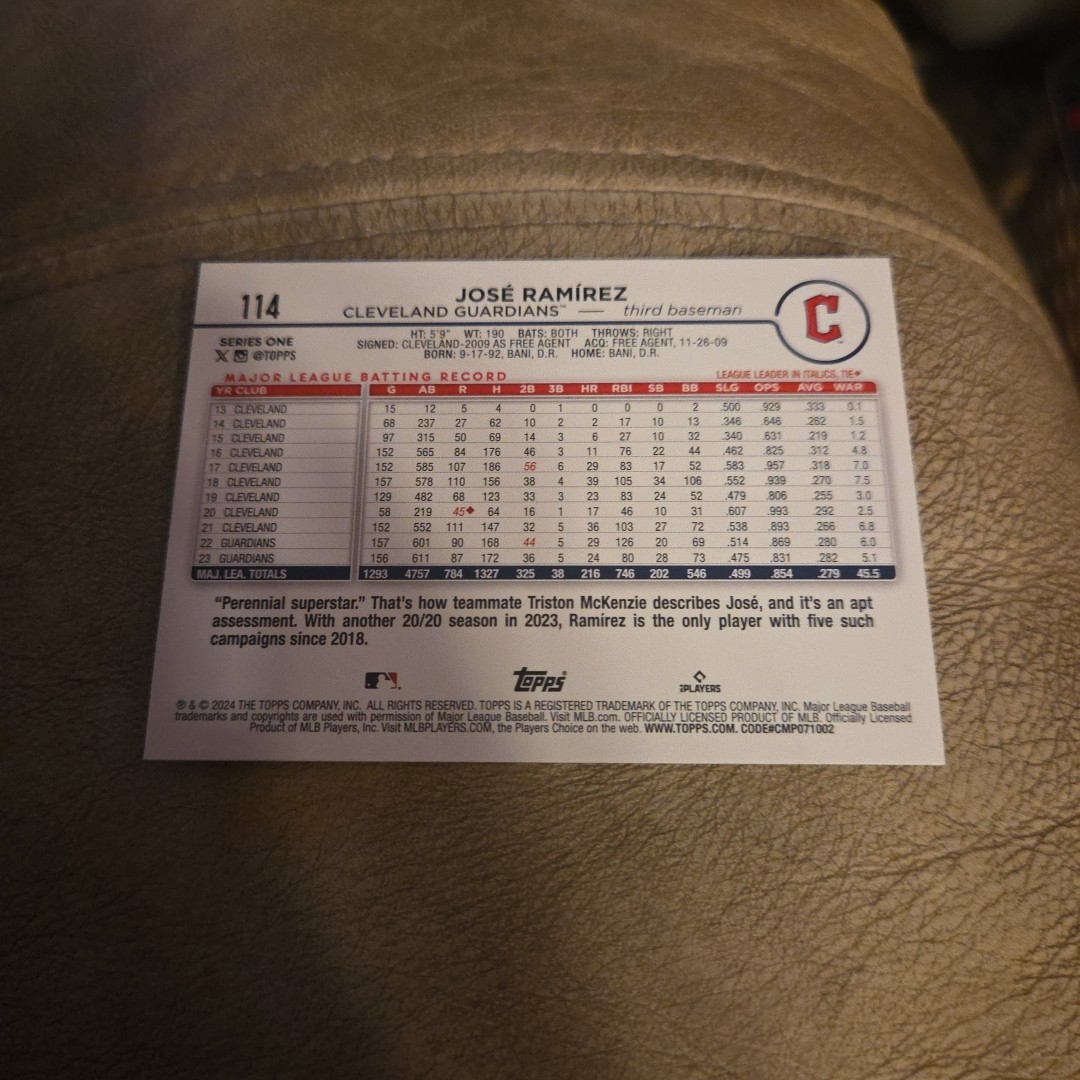 2024 Topps Series 1 – Jose Ramirez #114 Cleveland Guardians MLB Baseball Card