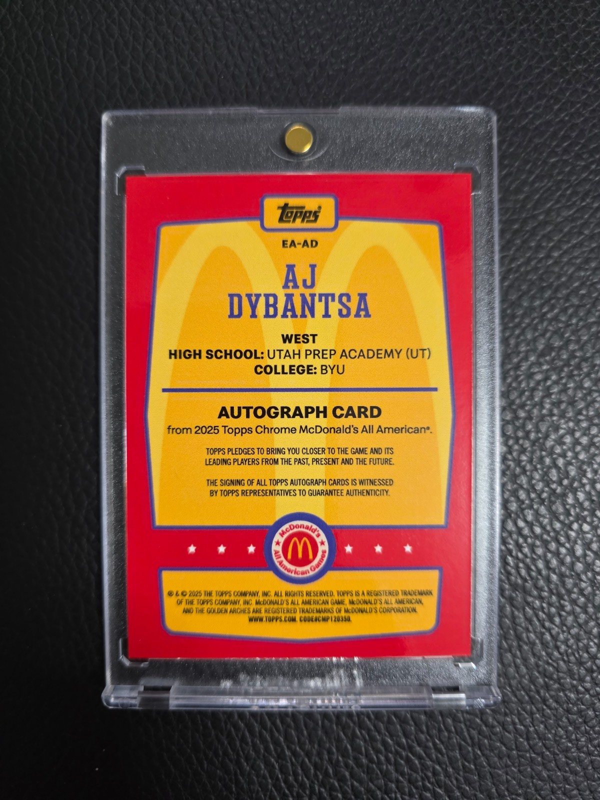 AJ Dybantsa 2025 Topps Chrome McDonald’s All American Next Day ON CARD Auto RC