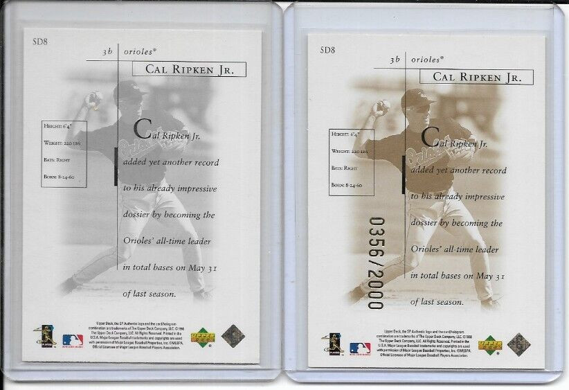 1998 Upper Deck Sp Sheer Dominance Gold, Silver Cal Ripken Jr Card # SD8 Orioles
