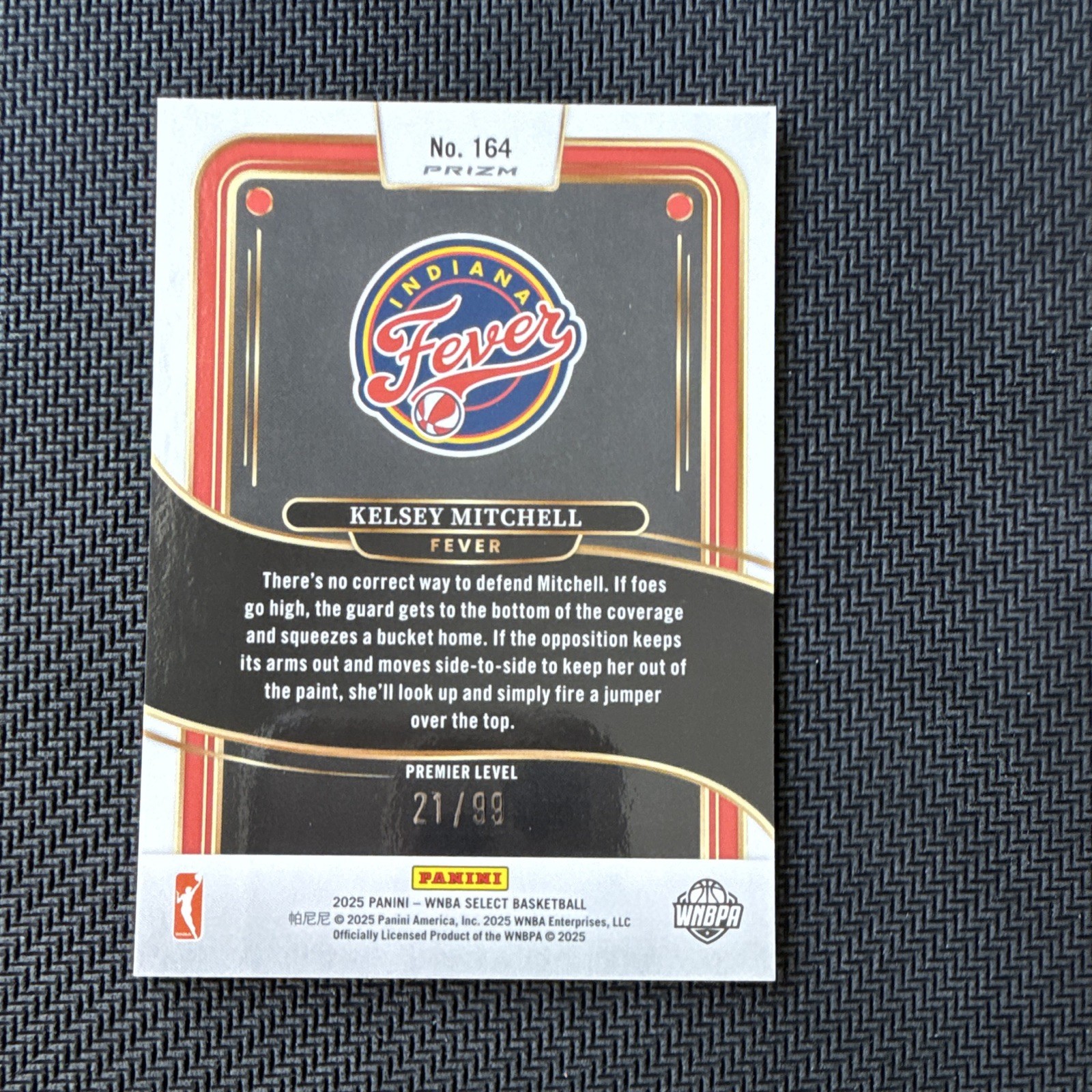 Panini Select 2025 Kelsey Mitchell Premier Lvl Prizm #164 Fever WNBA 21/99