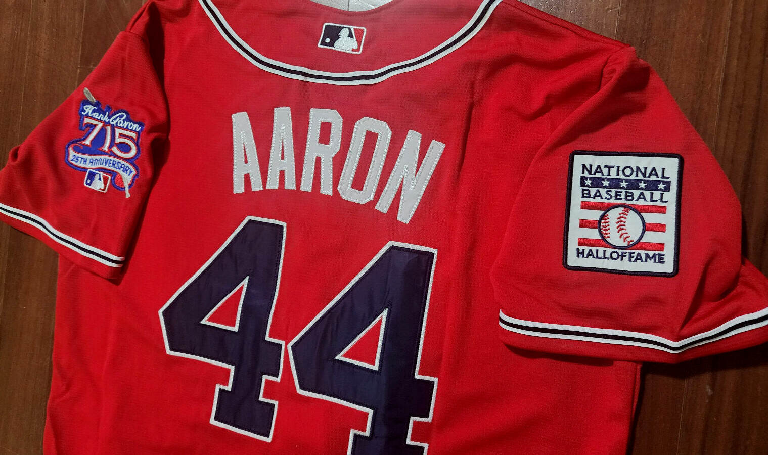 Brand New! Atlanta Braves #44 Hank Aaron Cooperstown 2patch sewn Jersey Red Mens
