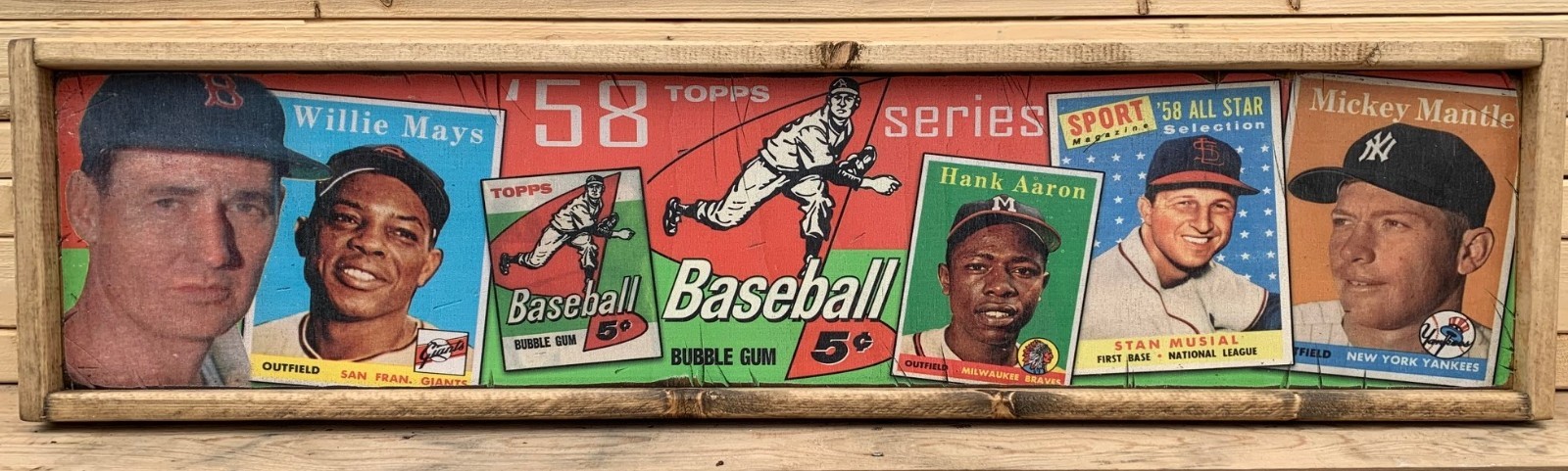 1958 Antique Style Art Wood Baseball Card Advertising Trade Sign 6×24 – Mantle