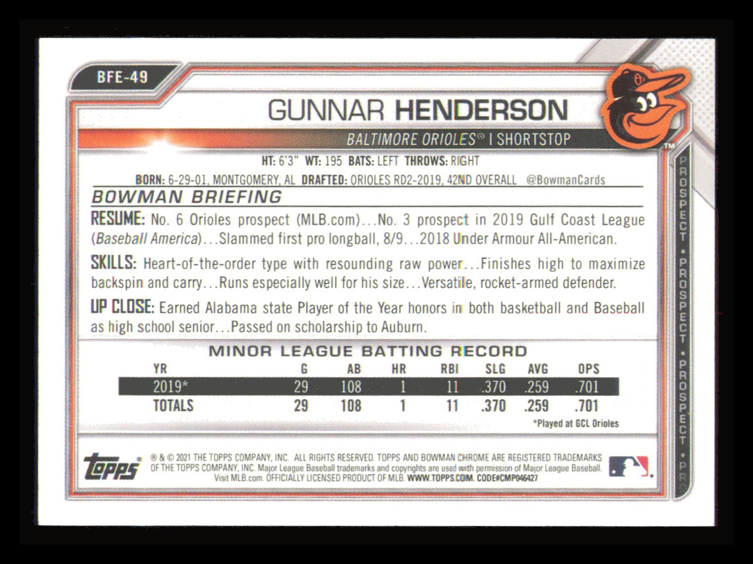 2021 Bowman 1st Edition – Gunnar Henderson #BFE-49 (RC)