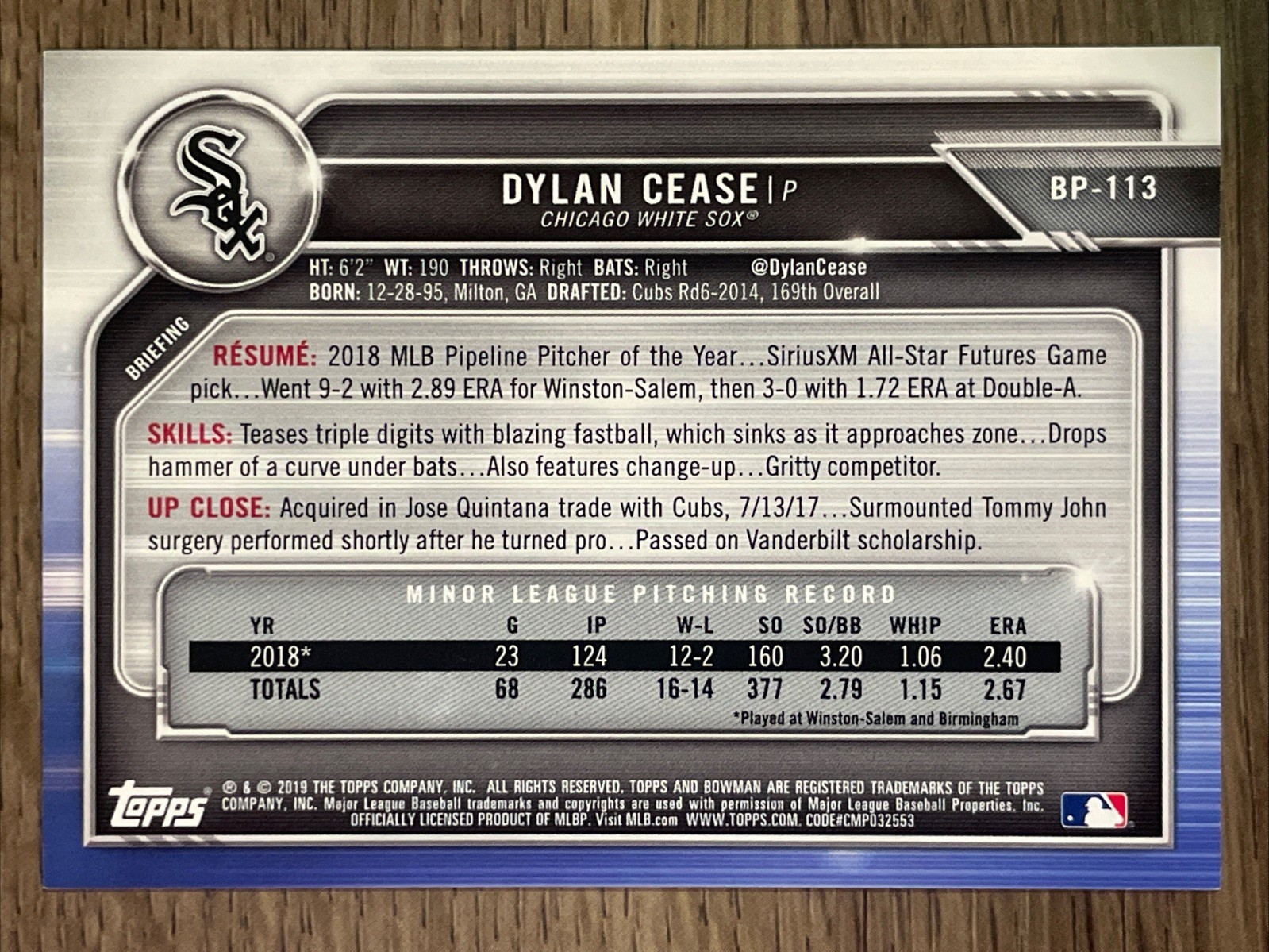 2019 Bowman Sky Blue #113 Dylan Cease /499
