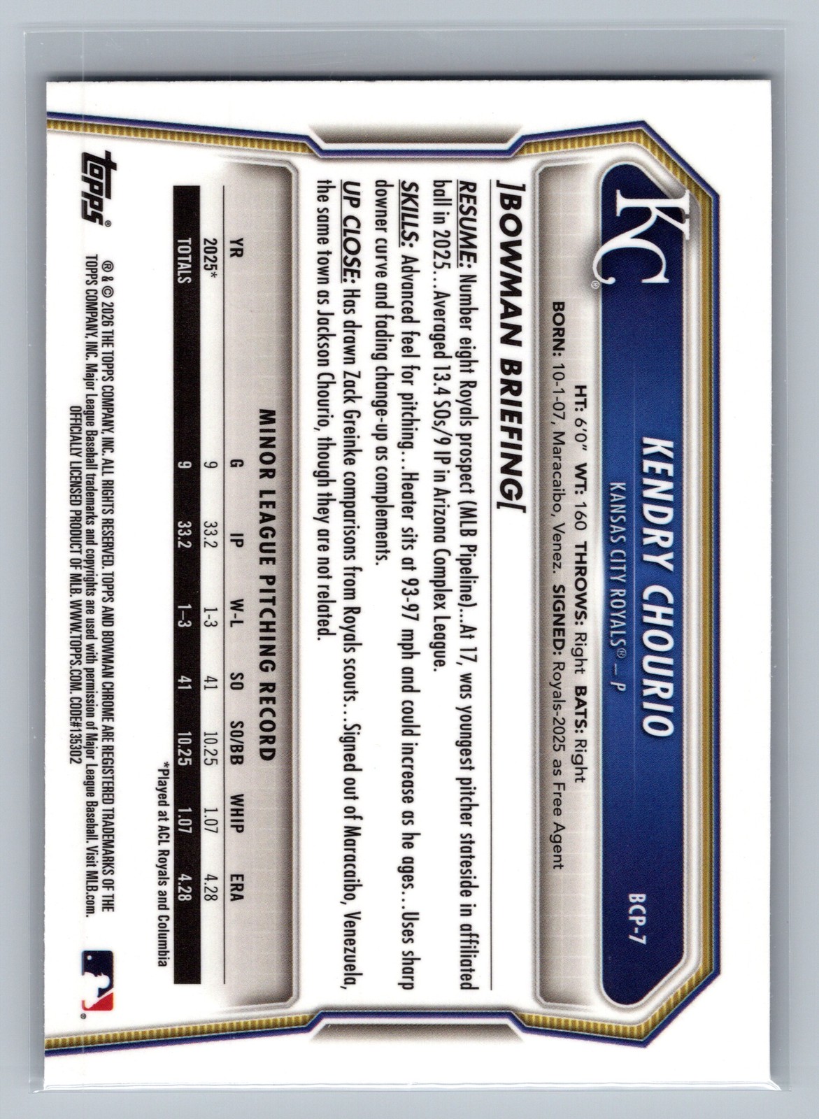 2026 Bowman #BCP-7 Kendry Chourio Chrome Prospects X-Fractor