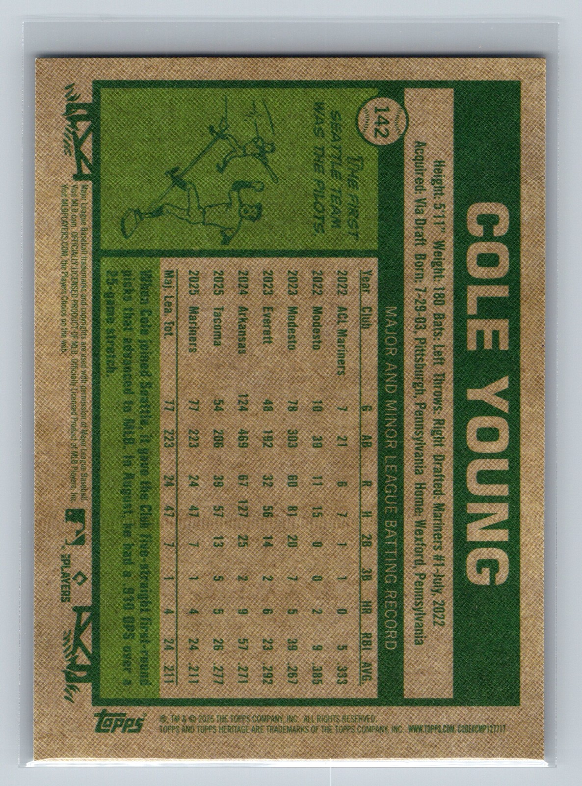 2026 Topps Heritage Cole Young #142 Rookie RC