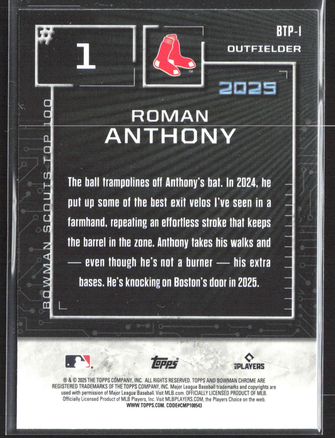 Roman Anthony 2025 Bowman Chrome Bowman Top 100 Boston Red Sox #BTP-1