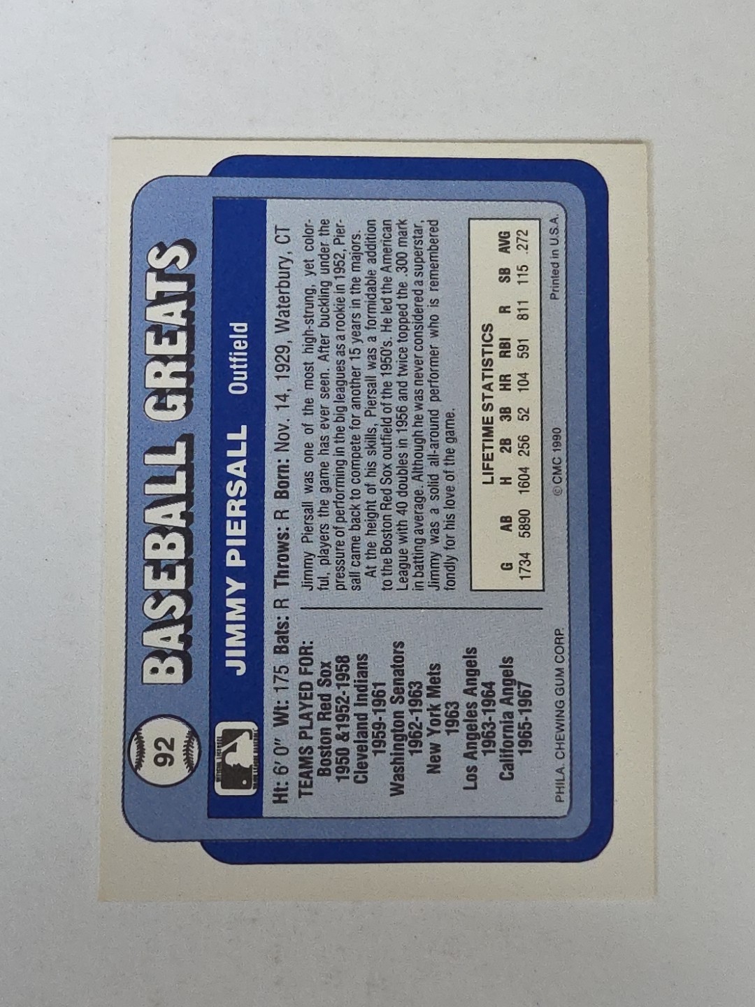 Jimmy Piersall 1990 Swell Baseball Greats #92