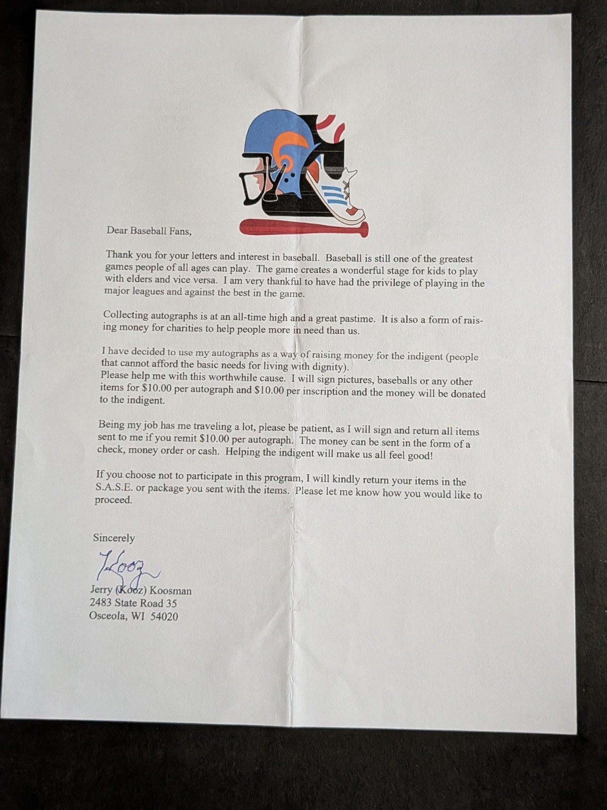 Jerry Koosman Signed 8.5″ x 11″ Letter – Mets, Twins, White Sox, Phillies