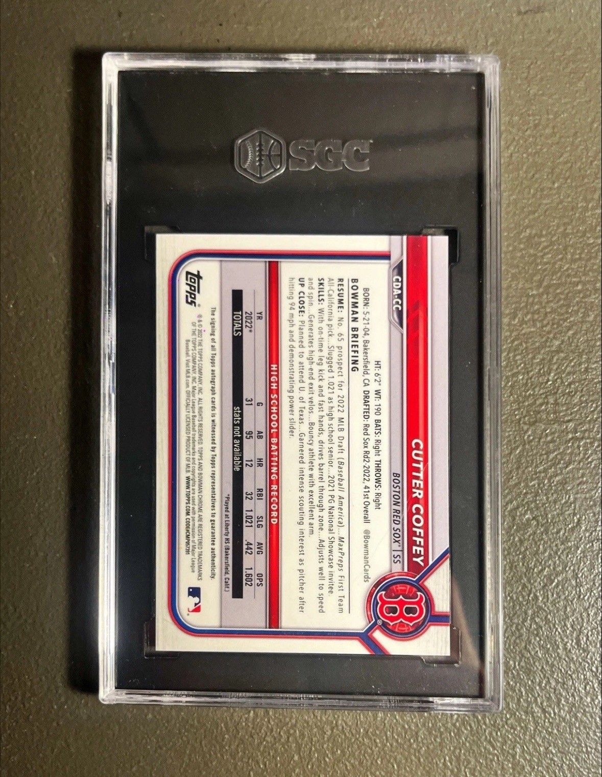 2022 Bowman Draft CUTTER COFFEY 1st Autograph Purple /250 SGC 9.5/10 CDA-CC
