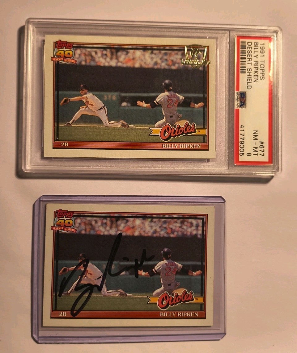 1991 Topps DESERT SHIELD #677 AUTO BILLY RIPKEN Autograph, Gold + Graded PSA 8