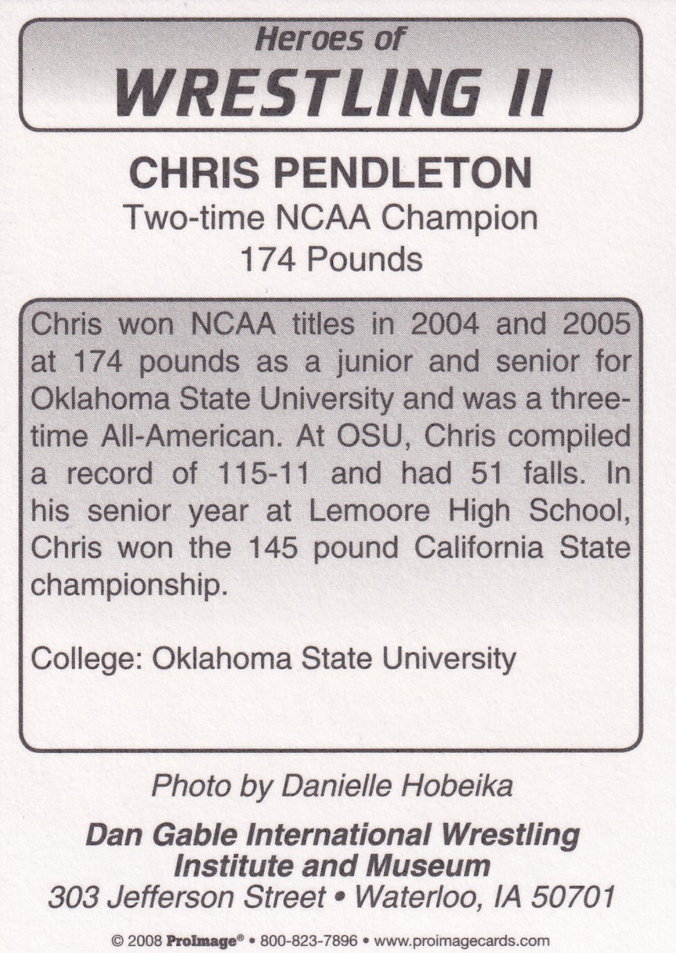 Chris Pendleton 2008 ProImage Heroes of Wrestling Card Oklahoma State University