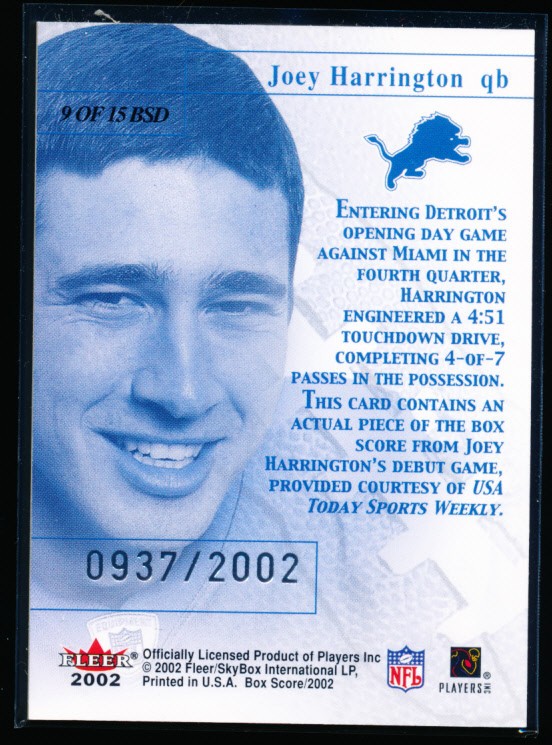 2002 Fleer Box Score Debut Rookie RC #8 Joey Harrington Detroit Lions 0937/2002