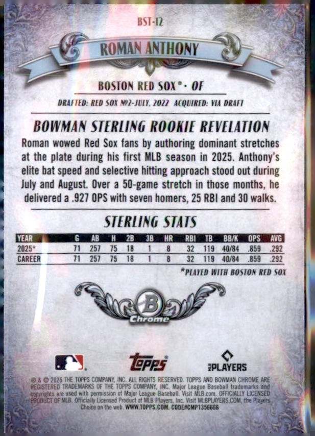 2026 Bowman #BST-12 Roman Anthony Bowman Sterling Mojo Refractors
