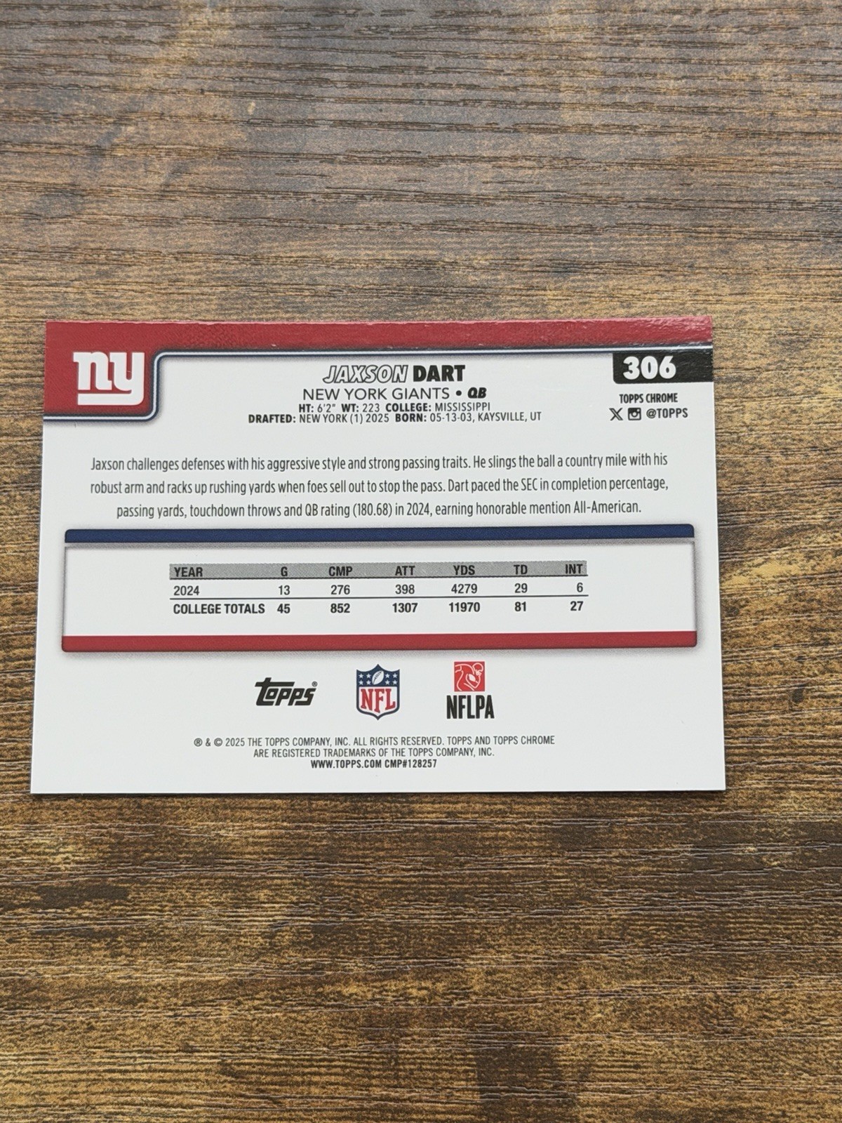 2025 Topps Chrome Jaxson Dart Rookie Card #306 New York Giants NFL Football