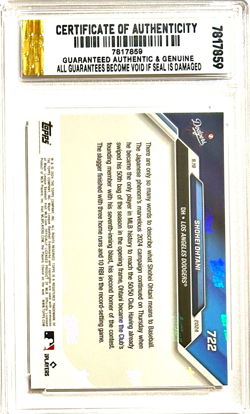 GRADED GEM-MT 10 SHOHEI OHTANI 2024 TOPPS NOW 1st MLB 50/50 Season #722. COA!