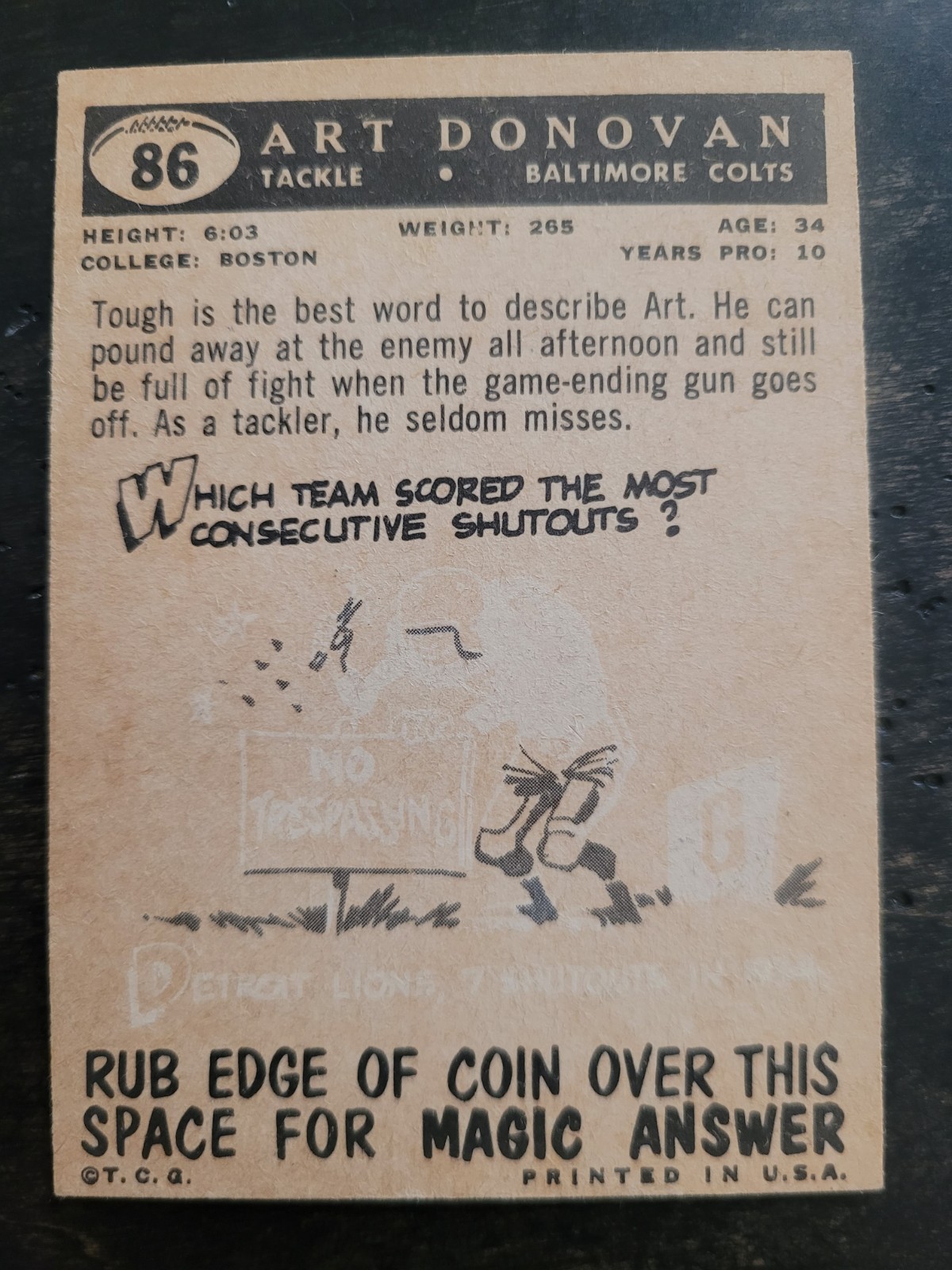 1959 Topps – Art Donovan #86. Colts. HOF. Excellent Condition
