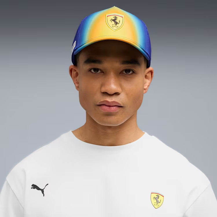 Authentic PUMA F1 Scuderia Ferrari Trucker Hat 2026 Miami Speed Yellow Blue AOP