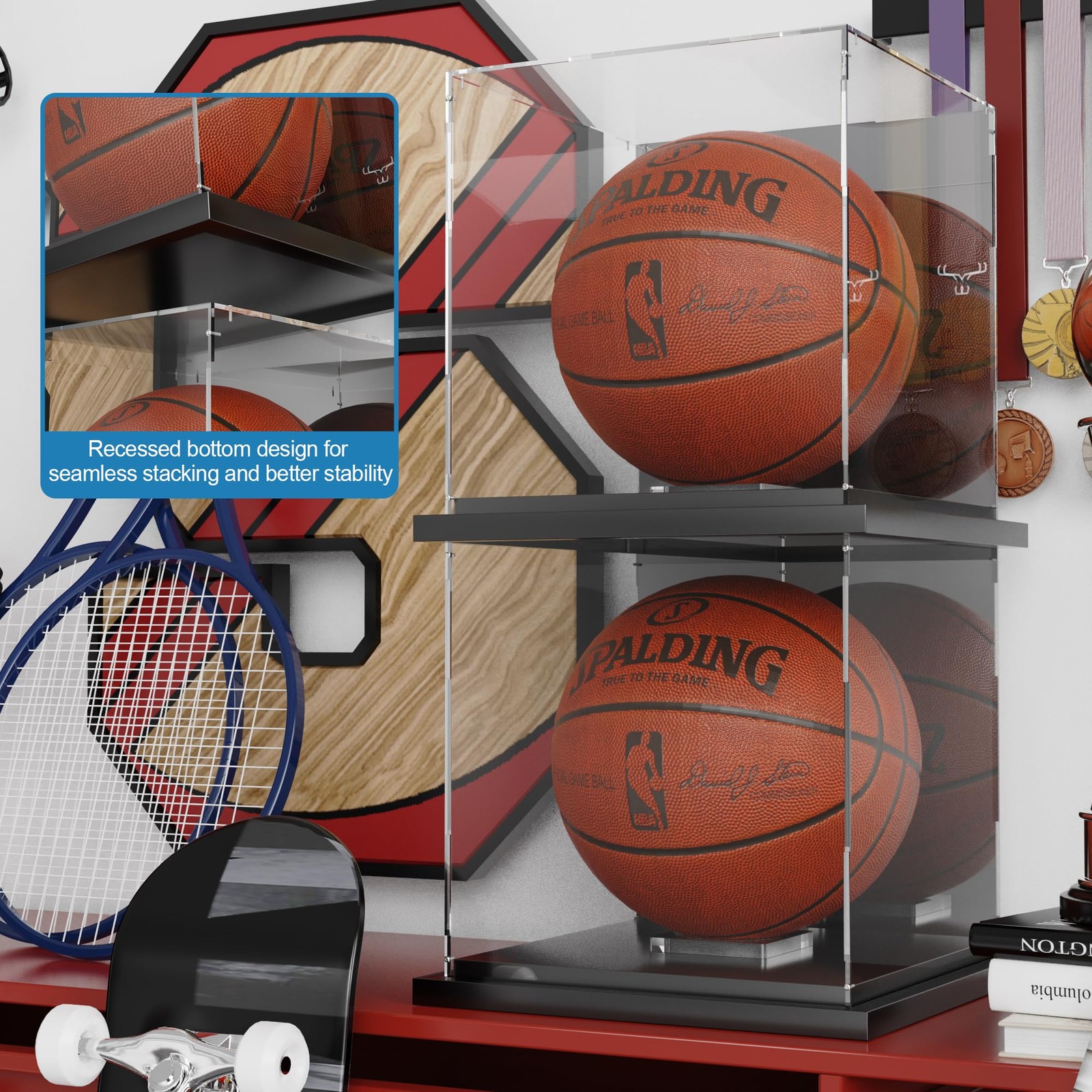 Basketball Display Case with Mirror Back and Black Metal Grooved Base Acrylic Ba