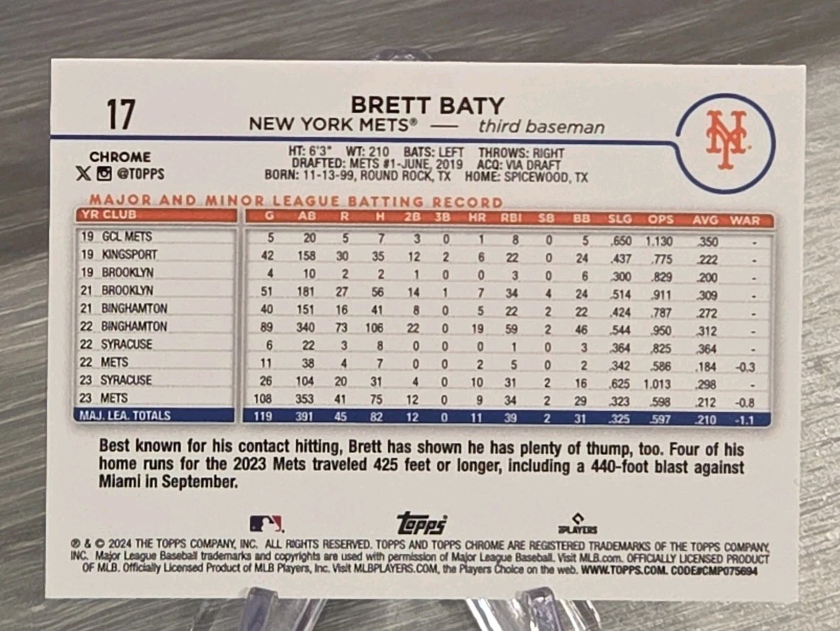 Brett Baty 2024 Topps Chrome Aqua Refractor /199 #17 New York Mets