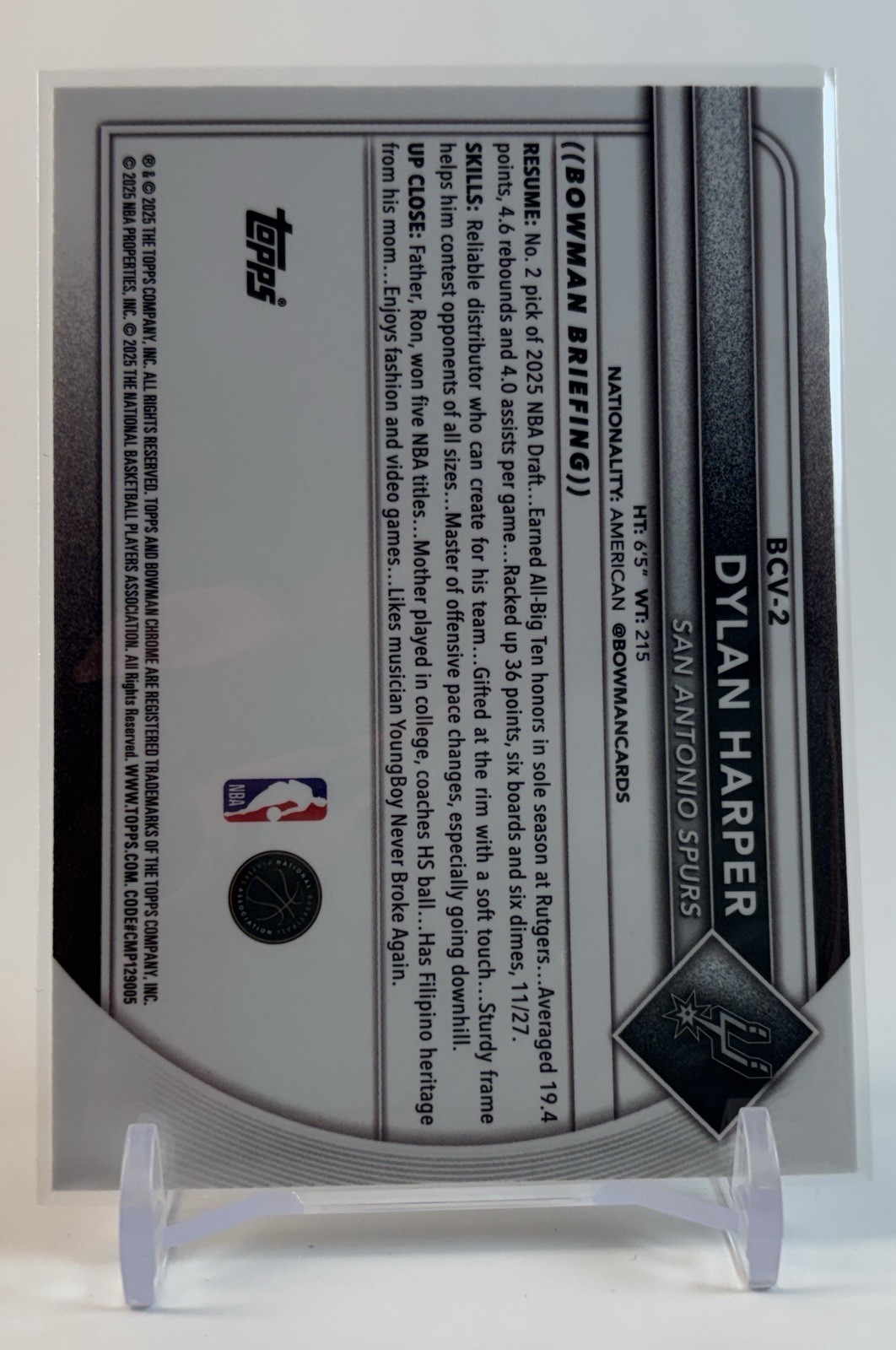 2025-26 Topps Bowman Chrome DYLAN HARPER #BCV-2 Reptilian Refractor (RC) SPURS