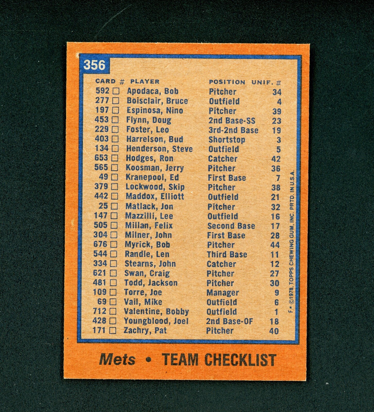 New York Mets 1978 Topps Team Card #356 NM+
