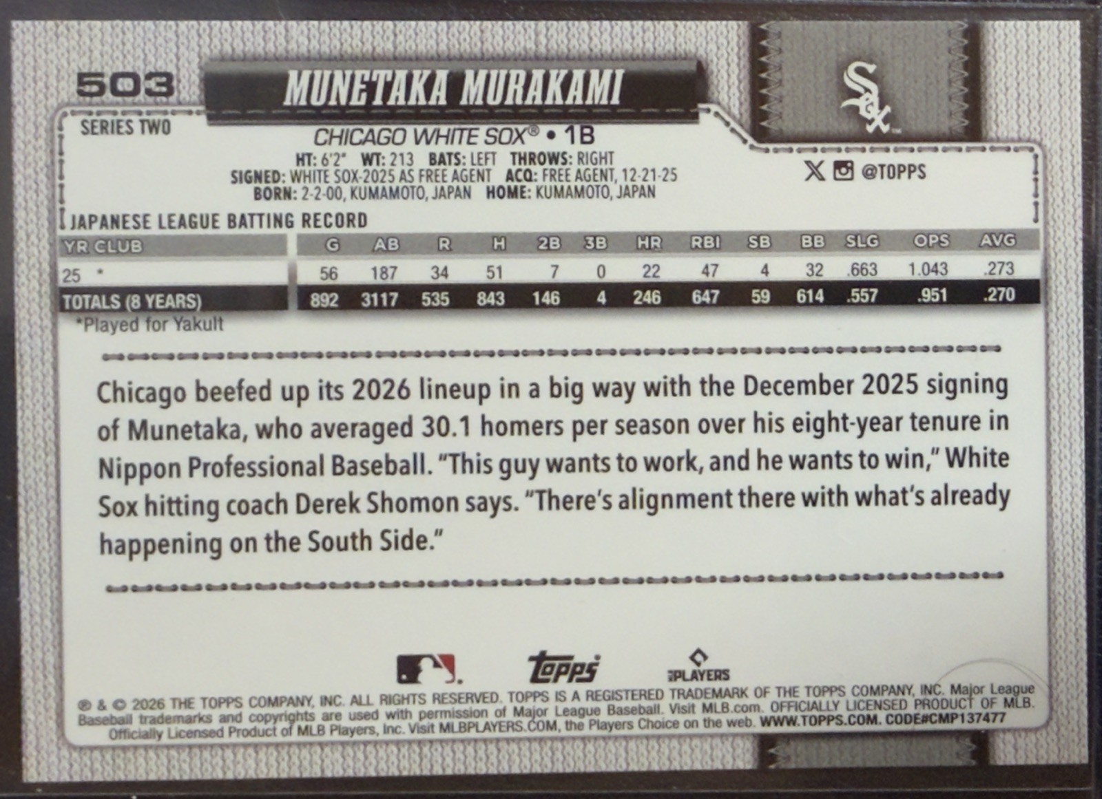 2026 Topps Series MUNETAKA MURAKAMI Rookie Pink Holo Foil #50 WHITE SOX
