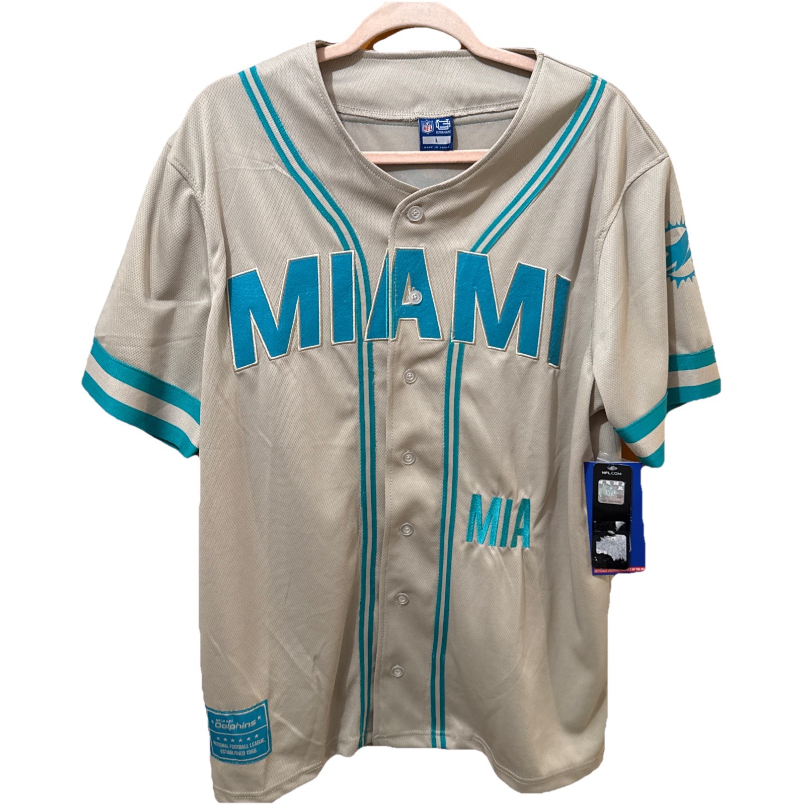Irregular Miami Dolphins Button Down Baseball Jersey Shirt Unisex Size Large