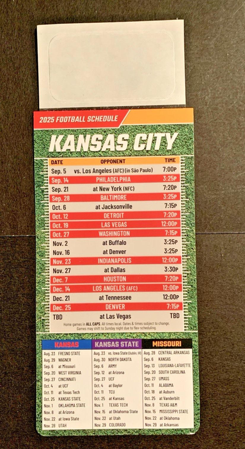 2025 Kansas City Chiefs Magnetic Football Schedule