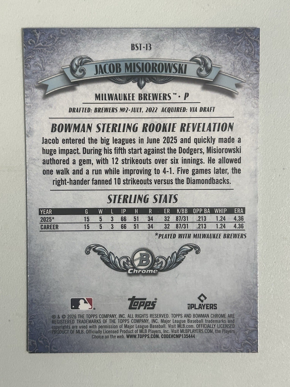 Bowman Sterling Jacob Misiorowski BSR-13 RC Rookie Revelation Chrome 2025