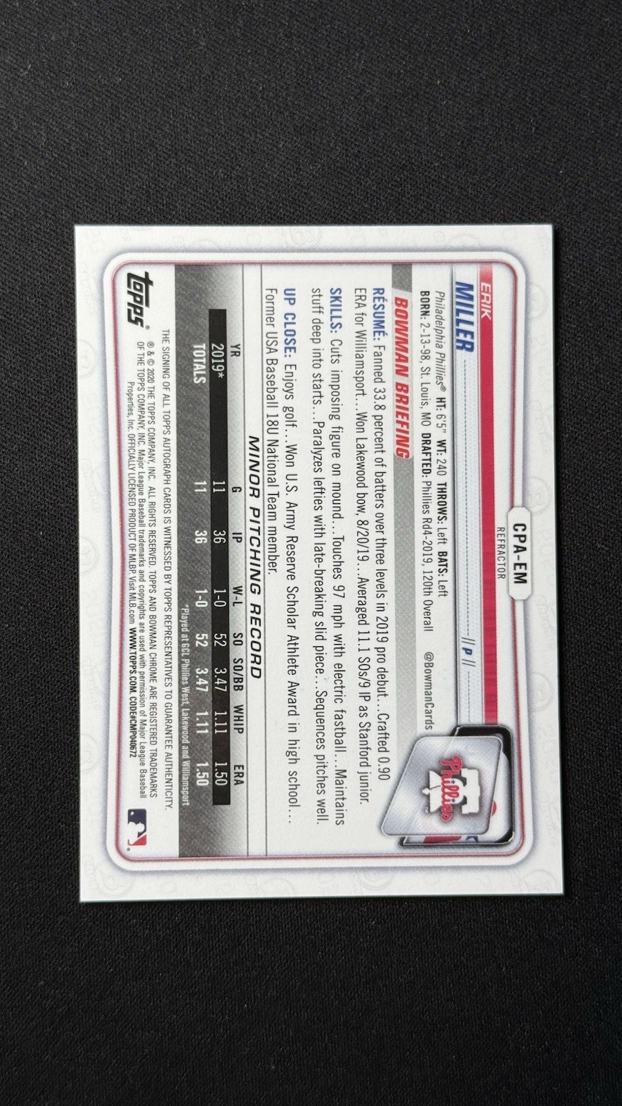 2020 Bowman Chrome Erik Miller CPA-EM Refractor Auto SP /499