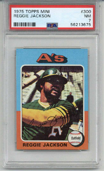 1975 TOPPS MINI #300 REGGIE JACKSON BASEBALL CARD OAKLAND A’S PSA 7 LOW POP RARE