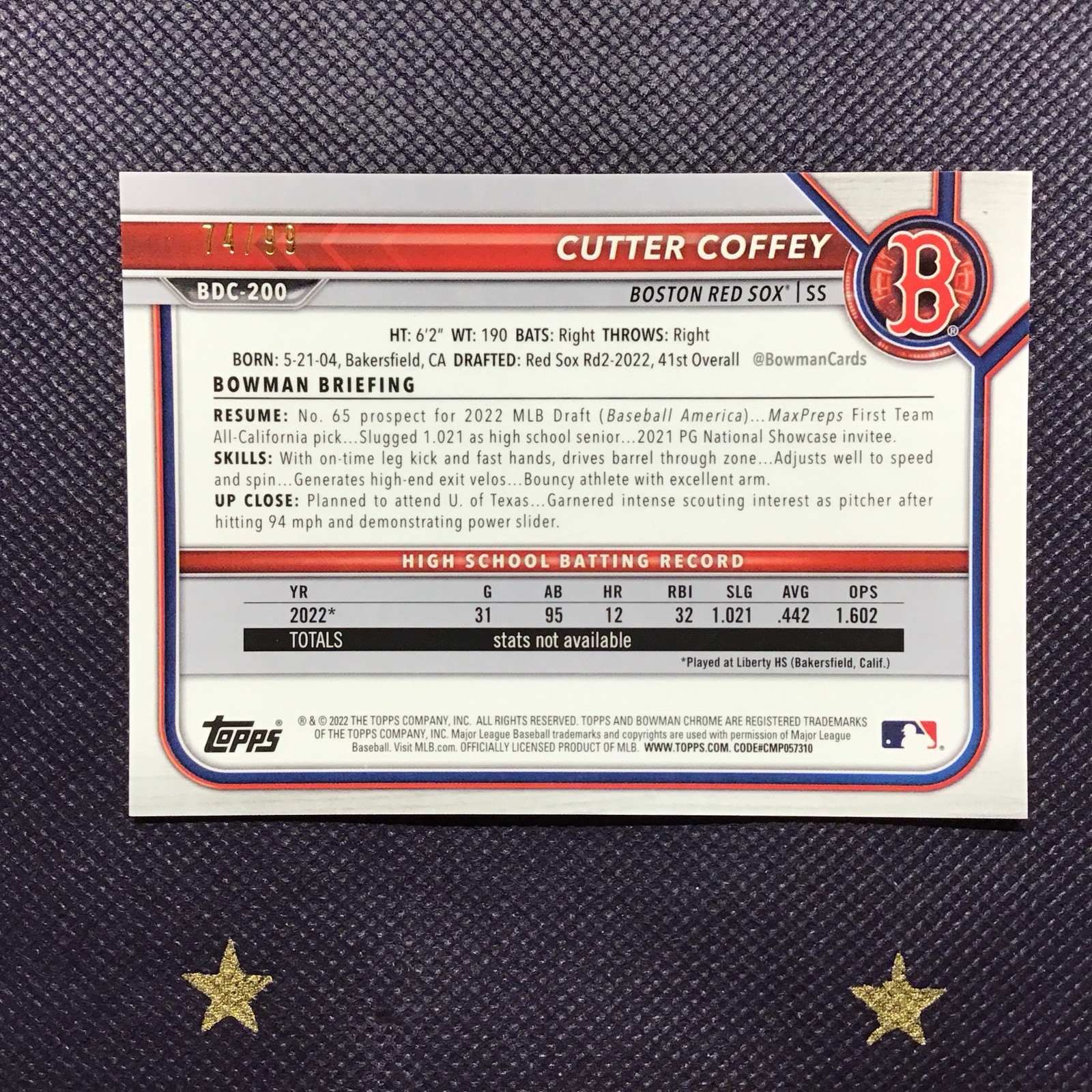 Cutter Coffey 2022 Bowman Draft Chrome Green Sparkle Refractor RC #’/99 Red Sox