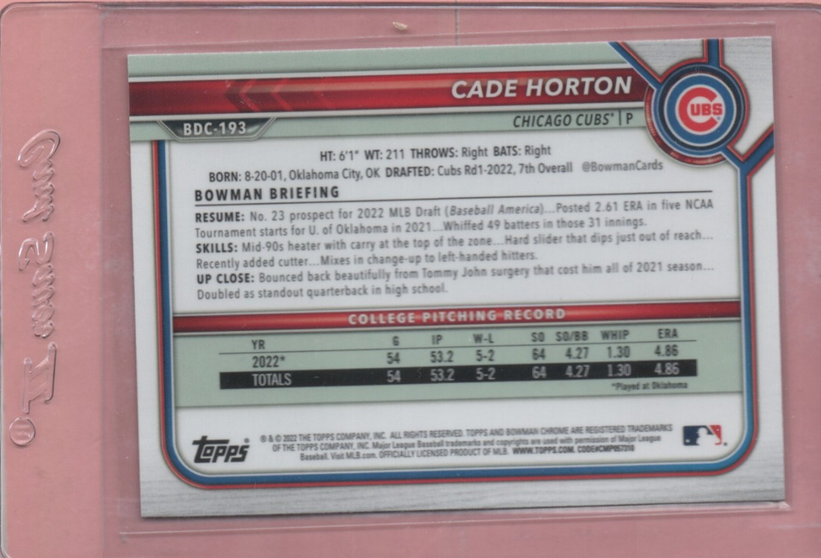 CADE HORTON 2022 Bowman Draft #BD193 Color Variation Options / Chrome