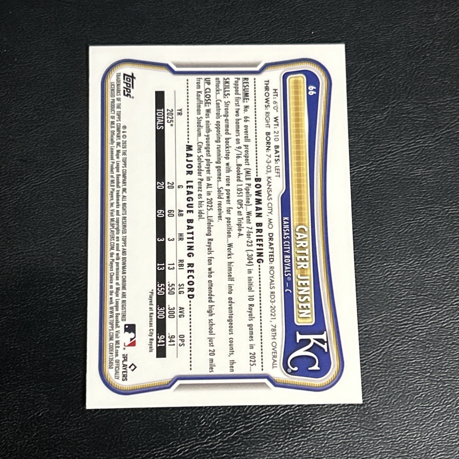 Carter Jensen – 2026 Bowman Chrome (RC) #66 Red Rookie – Kansas City Royals